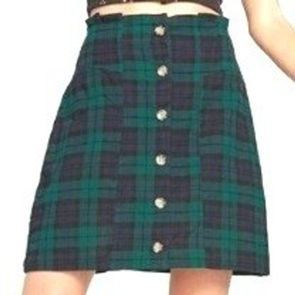 VOLCOM NWT Women's Large Untamed Feels Green Blue Plaid Button Front Mini Skirt